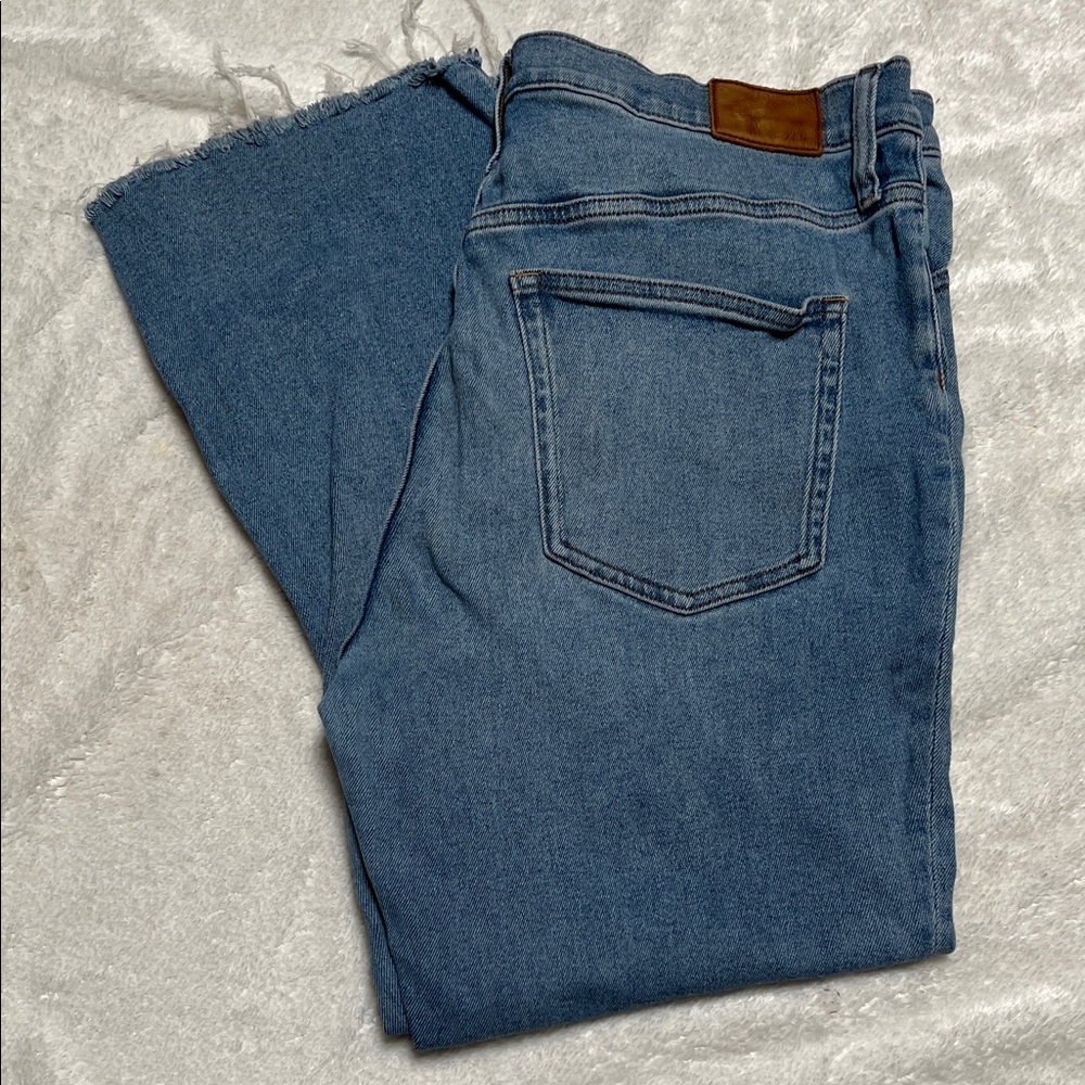 J. Crew Women's Boot Cut Jeans in Medium Blue with Brown Patch